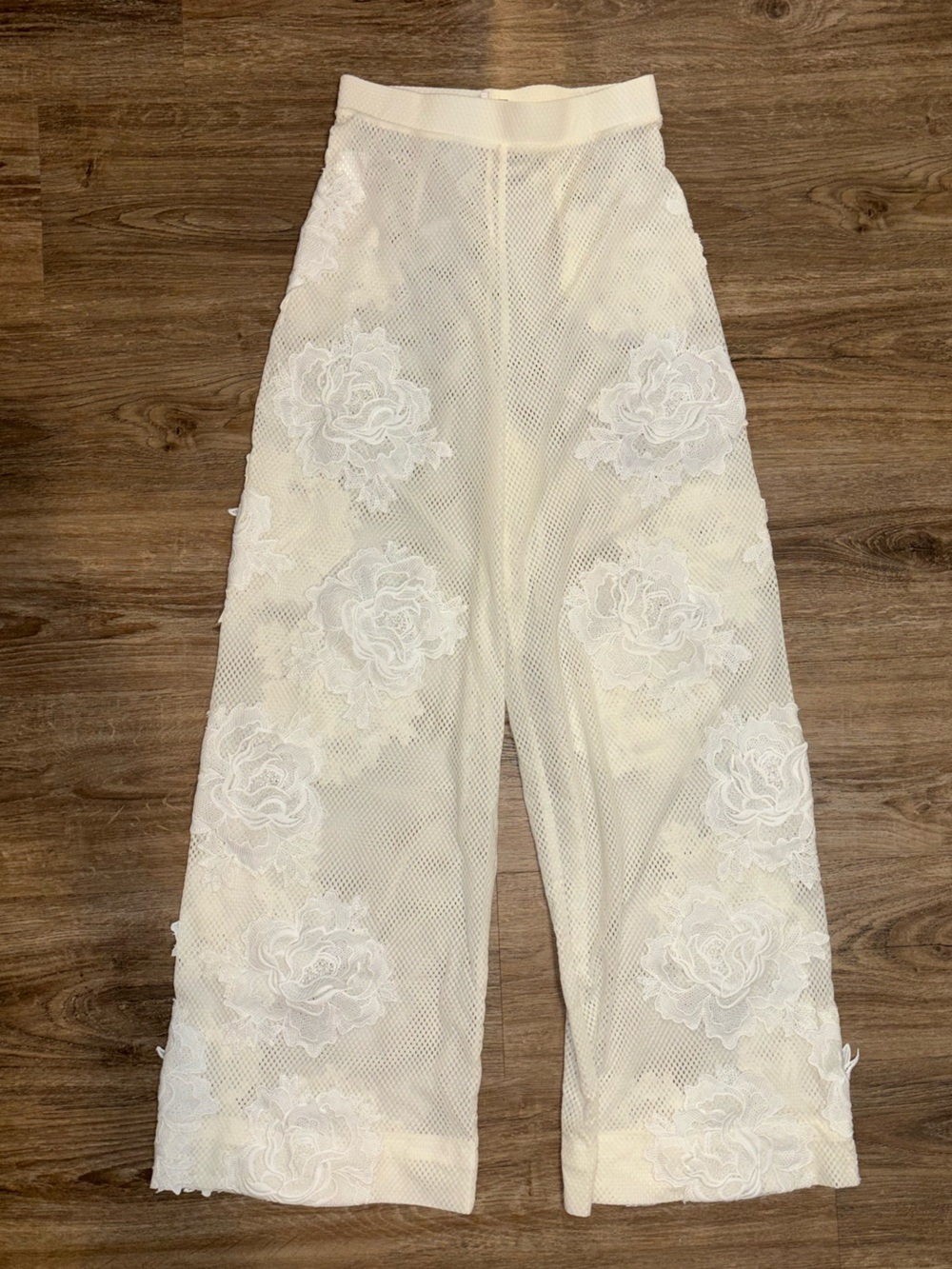 House of CB Cream Wide-Leg Lace Appliqué Pants